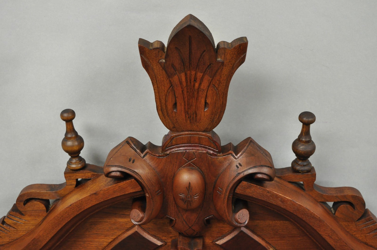 Antique Eastlake Victorian Carved Walnut Oval Mirror Sideboard Backsplash Shelf