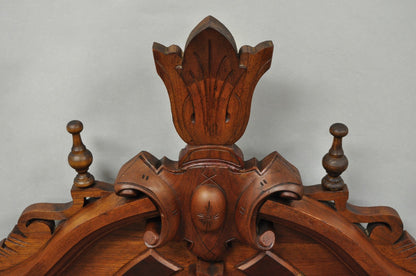 Antique Eastlake Victorian Carved Walnut Oval Mirror Sideboard Backsplash Shelf