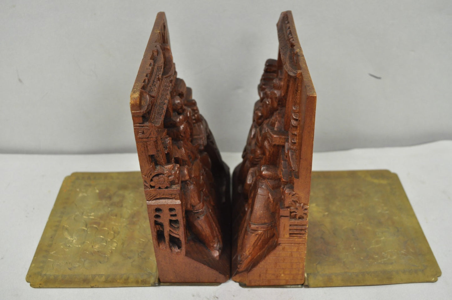 Vintage Chinese Hand Carved Hard Wood Scholar Bookends by George Zee - a Pair