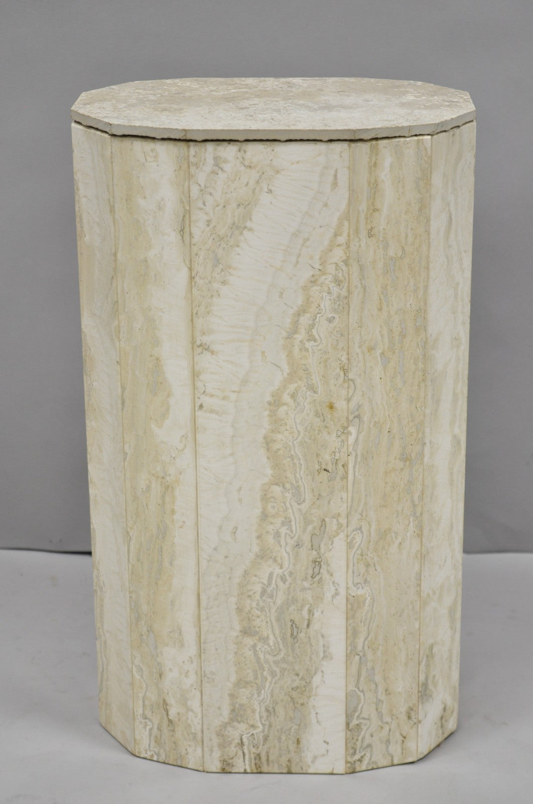 Vintage Postmodern Travertine Stone Small 20" Modern Pedestal Stand Side Table