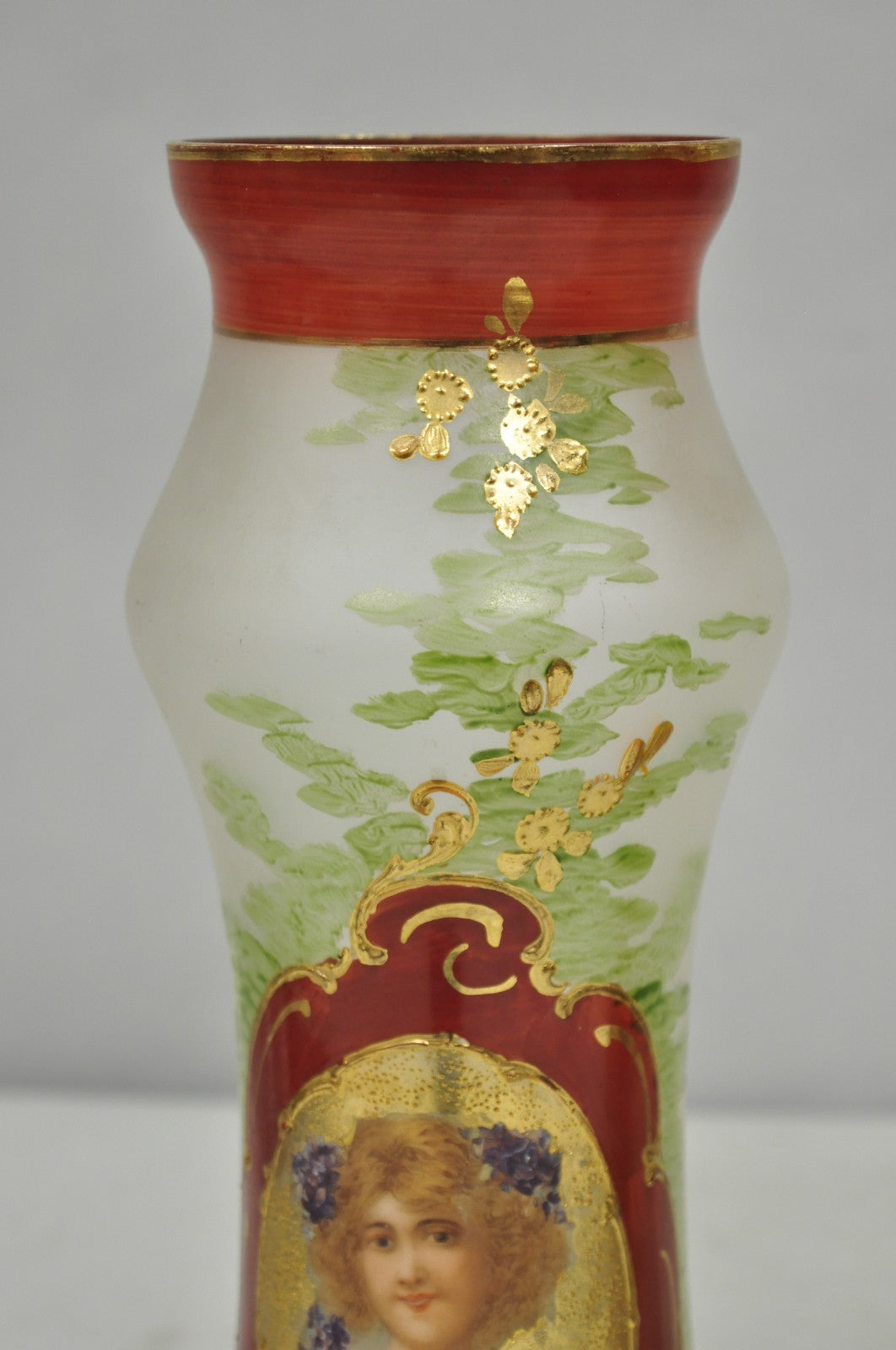 Vintage German Victorian Frosted Glass Painted Figural Woman Bust Vase - a Pair