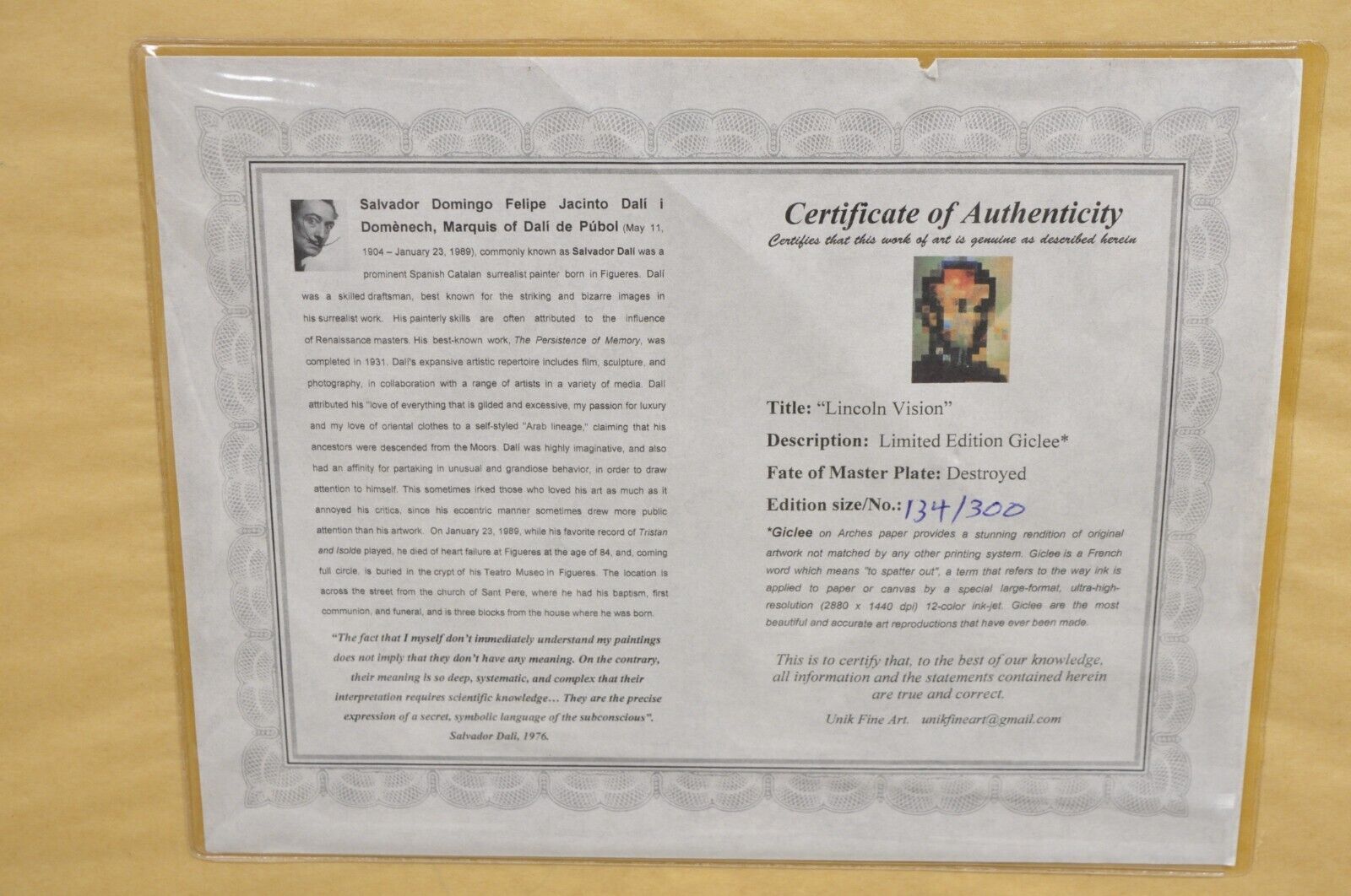 Lincoln in Dalivision Lincoln Vision Salvador Dali Giclee Print Limited 134/300