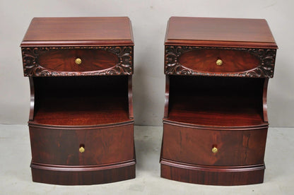 Vintage Chinese Chippendale Mahogany 2 Drawer Nightstands Bedside Tables - Pair