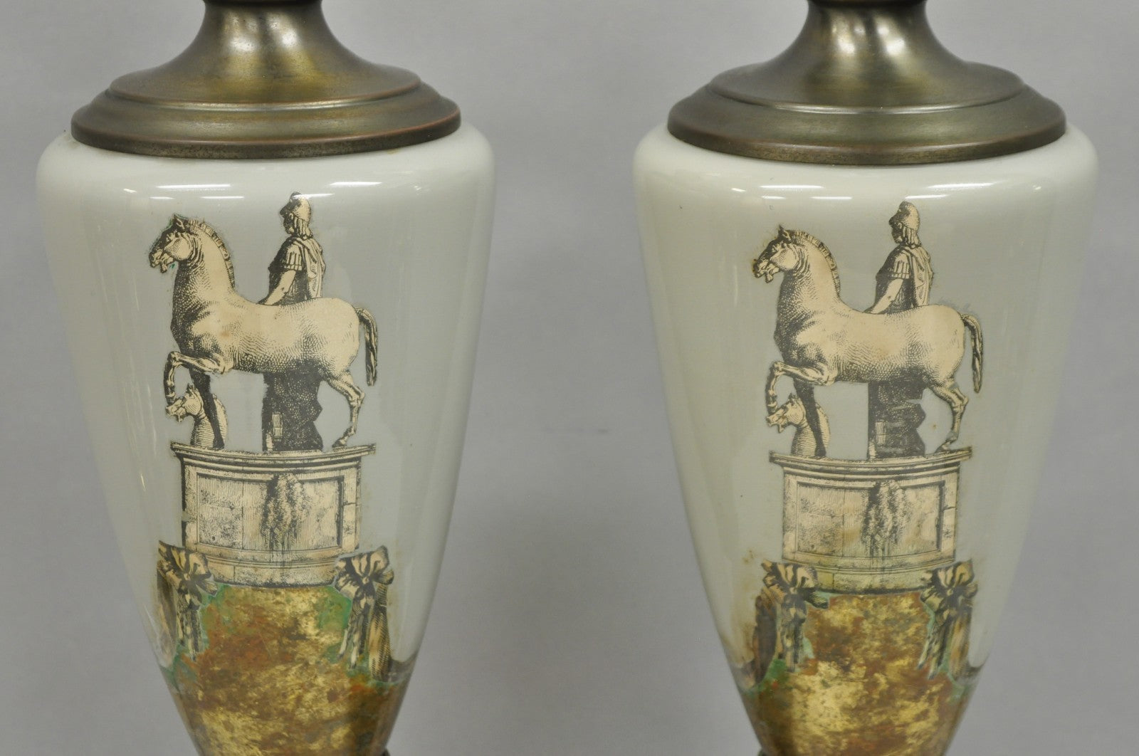 Vintage Roman Classical Style Gray Porcelain Urn Neoclassical Table Lamp - Pair
