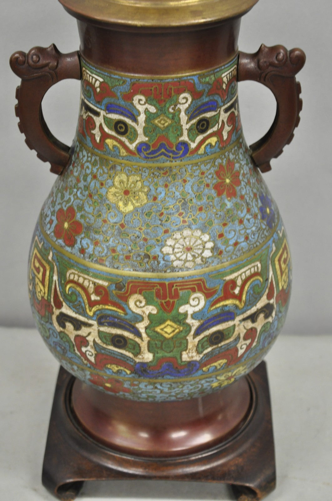 Antique Chinoiserie Blue Cloisonne Enamel Bronze Champleve Vase Table Lamp