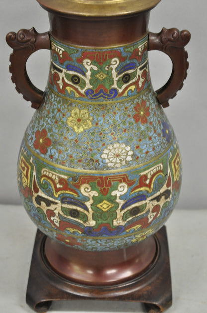 Antique Chinoiserie Blue Cloisonne Enamel Bronze Champleve Vase Table Lamp