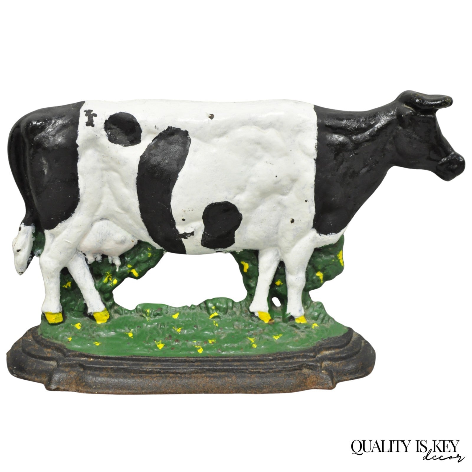 Antique Black and White Dairy Cow Cast Iron Painted Large Figural Door Stop