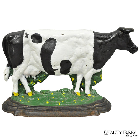 Antique Black and White Dairy Cow Cast Iron Painted Large Figural Door Stop