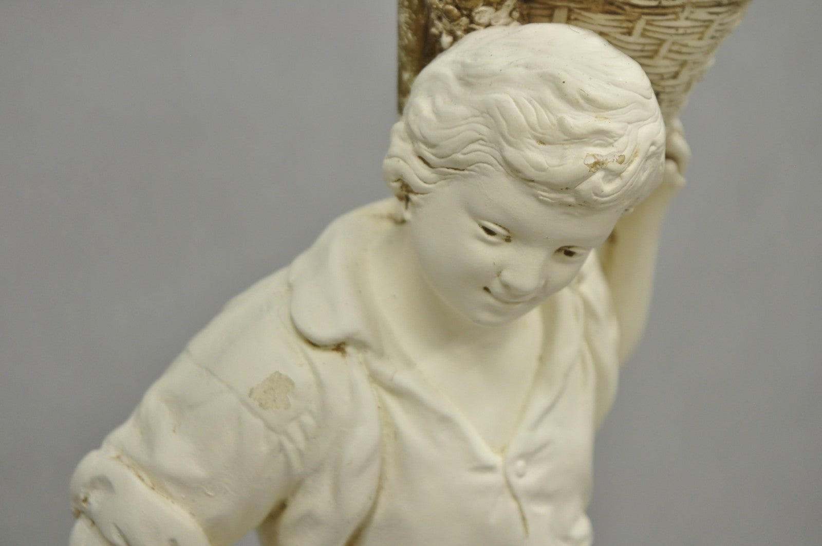 Vintage French Style White Painted Metal Figural Boy w Flower Basket Table Lamp