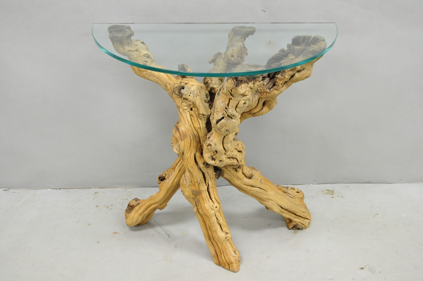 Vintage Mid Century Modern Natural Burl Driftwood Demilune Glass Console Table