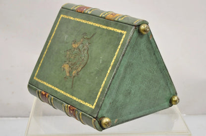 Vintage Italian Regency Green Leather Triangular Book Form Wastebasket Trash Can