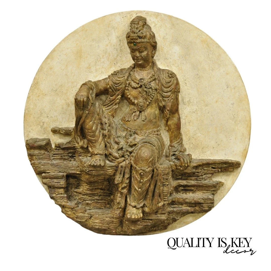 Vintage 43" Fiberglass Kuan Shih Yin Buddha Relief Round Wall Art Sculpture