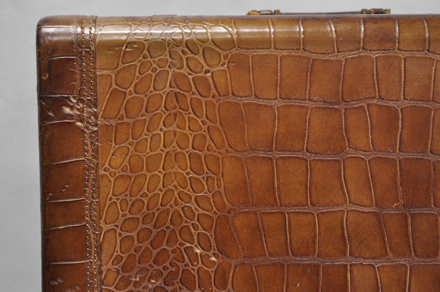 Vintage Art Deco Brown Leather Faux Crocodile Hard Case Suitcase Luggage