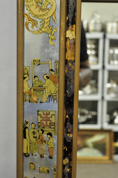 Vintage Chinoiserie Figural Eglomise Reverse Painted Oriental Wall Mirror