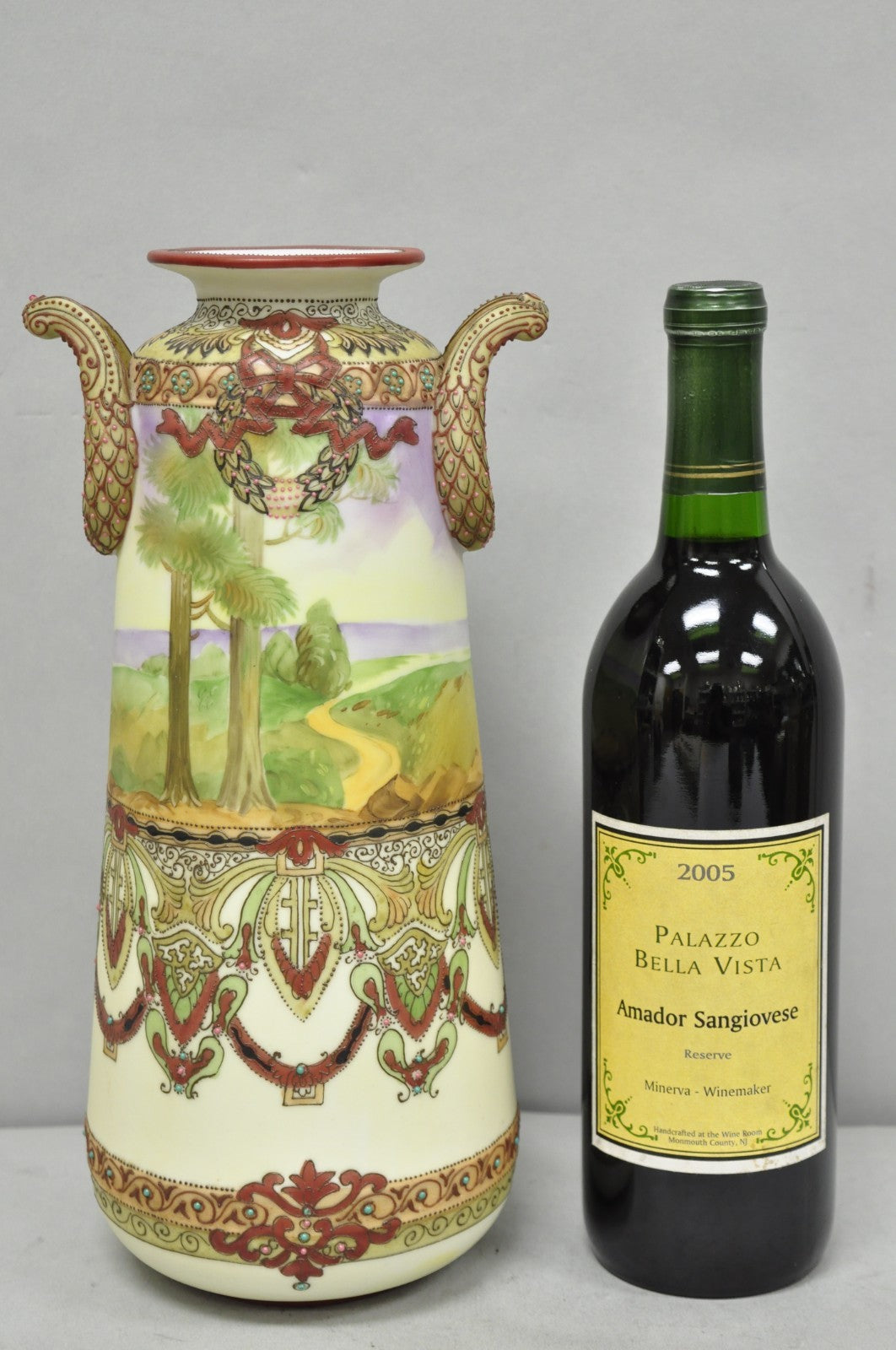 Antique Nippon Hand Painted Porcelain Countryside Moriage Tall Twin Handle Vase