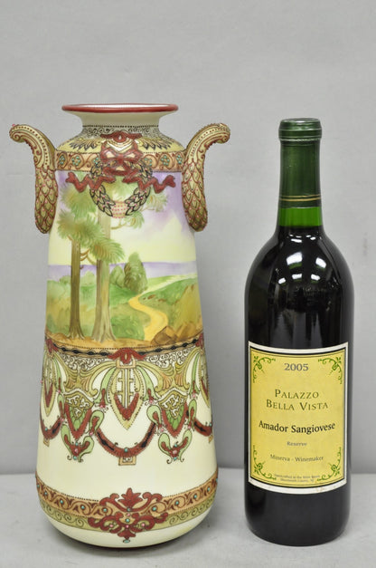 Antique Nippon Hand Painted Porcelain Countryside Moriage Tall Twin Handle Vase