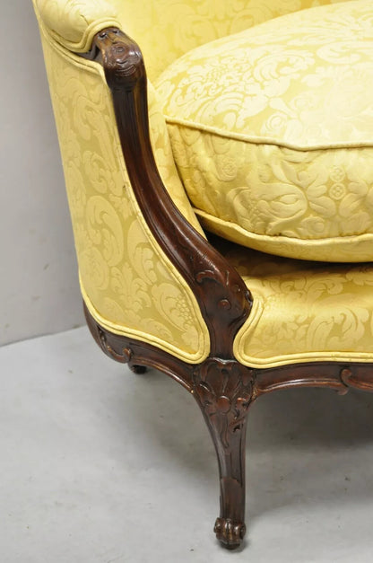 French Louis XV Style Gold Upholstered Wide Seat Lounge Chair Settee Bergere