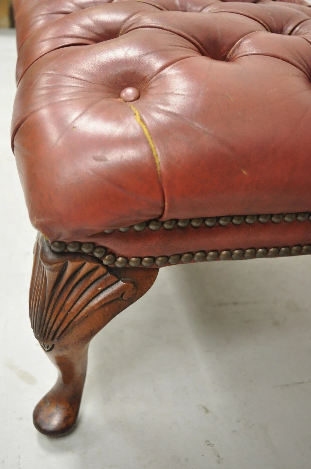 Vintage English Chesterfield Queen Anne Brown Leather Tufted Ottoman Footstool