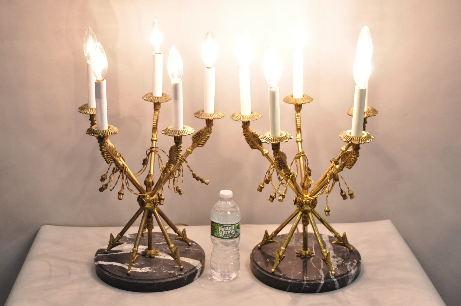 Vintage French Neoclassical Brass "Arrow" Marble Candelabra Table Lamps - a Pair