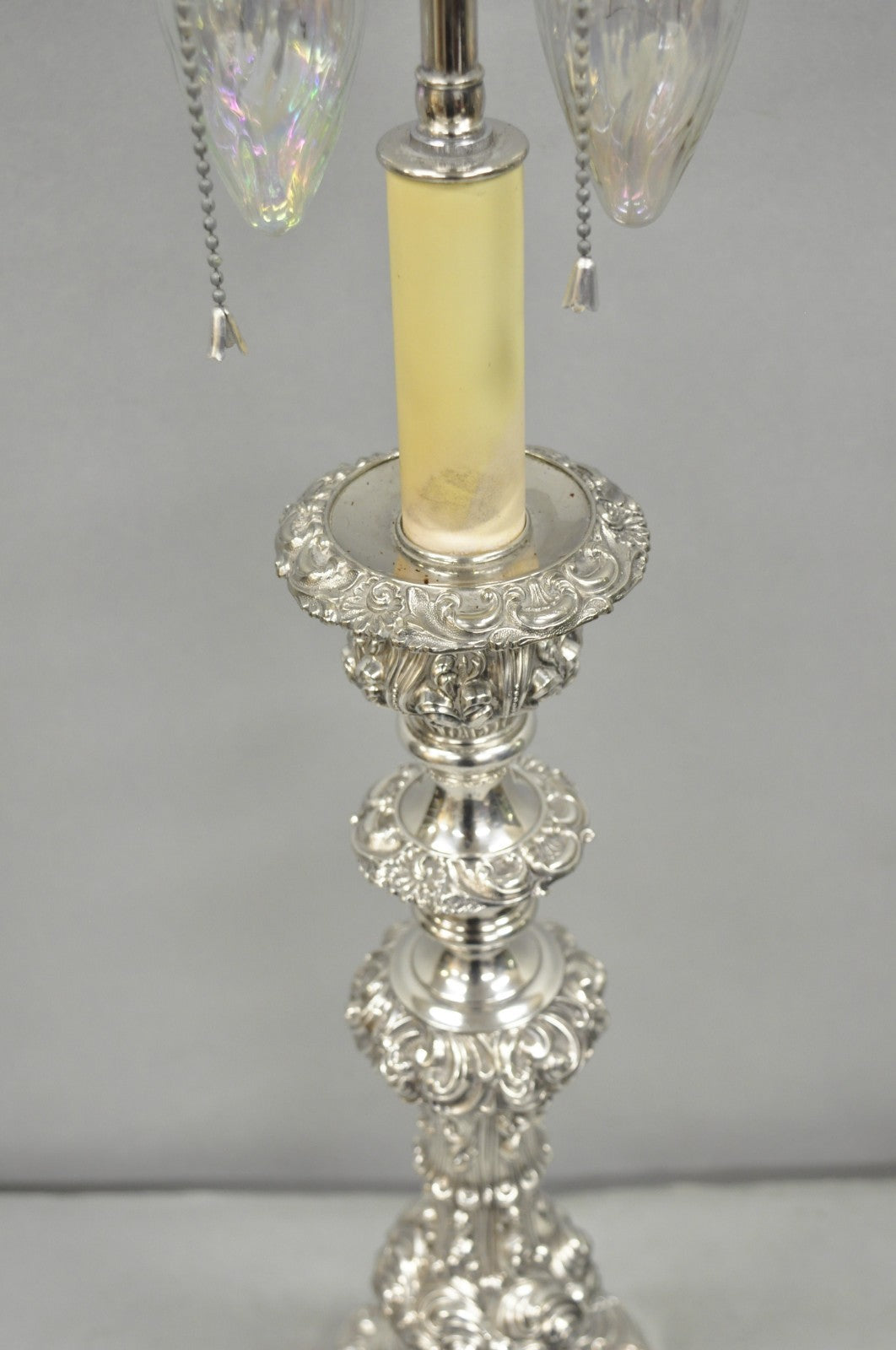 Antique English Victorian Silver Plated Scroll Repousse Candlestick Table Lamp