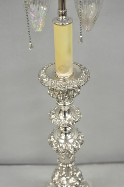 Antique English Victorian Silver Plated Scroll Repousse Candlestick Table Lamp