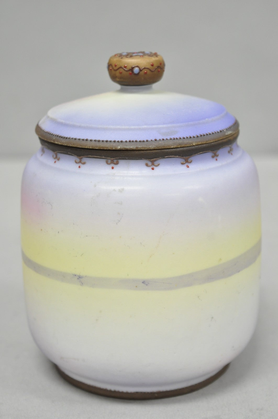 Antique Nippon Hand Painted Porcelain Countryside Lake Scene Covered Biscuit Jar