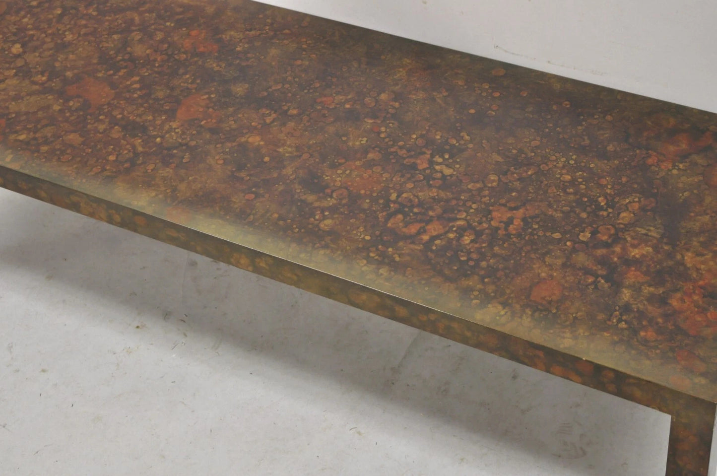 Mid Century Modern Brown Tortoiseshell Lacquer 54" Parsons Bench Coffee Table