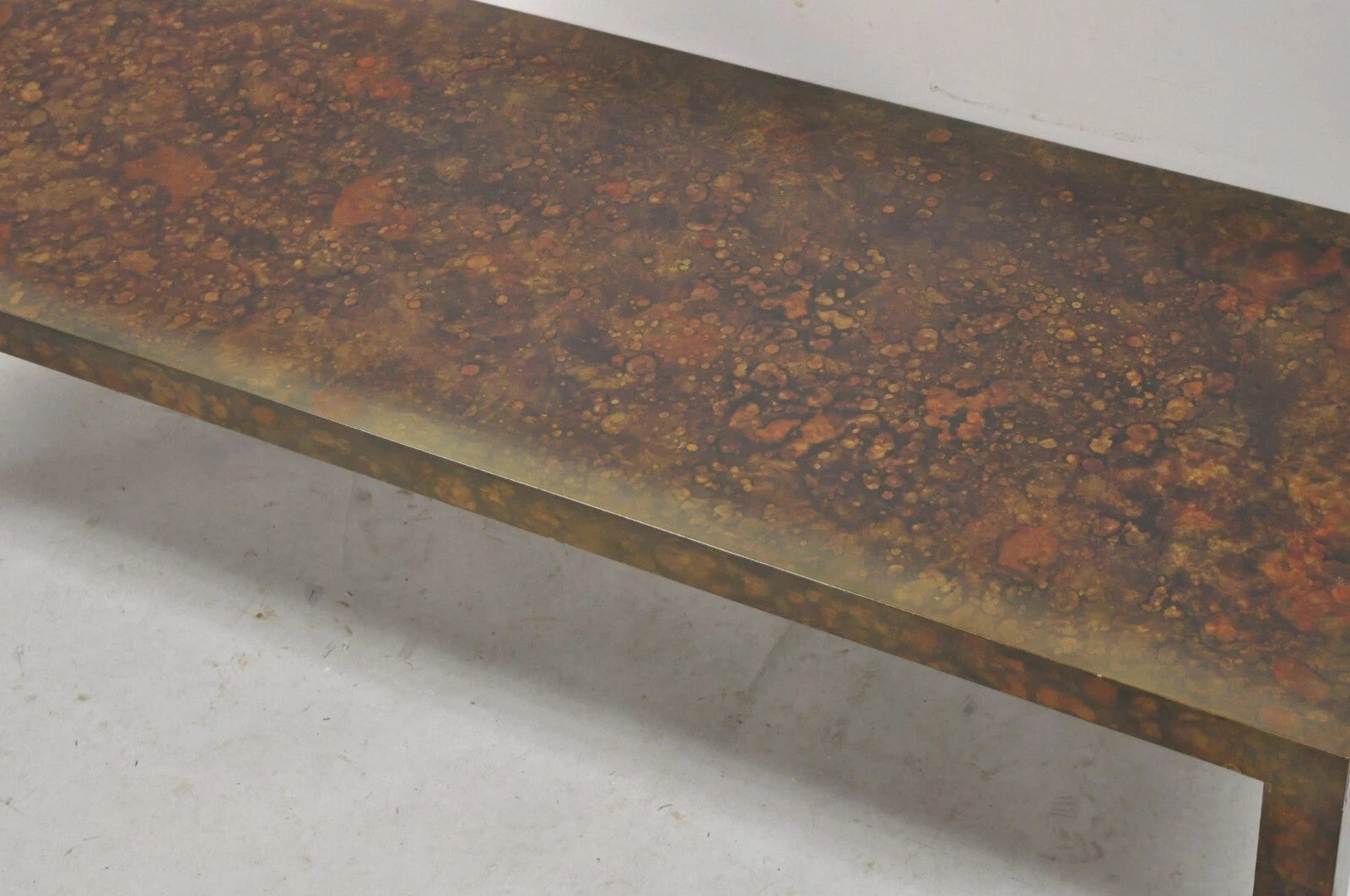Mid Century Modern Brown Tortoiseshell Lacquer 54" Parsons Bench Coffee Table
