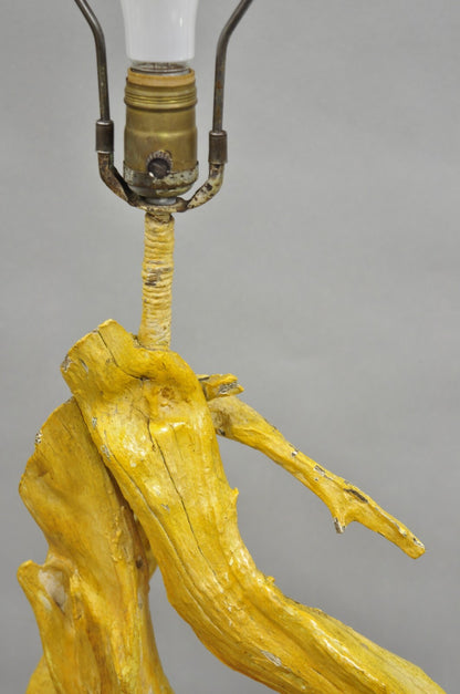 Vintage Mid Century Modern Large Driftwood Yellow Painted Tiki Room Table Lamp