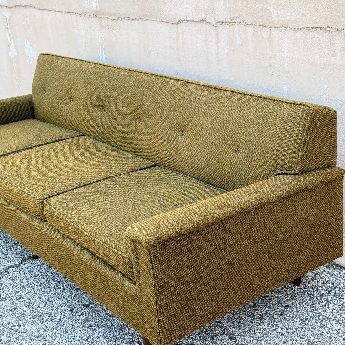Vintage Mid Century Modern Greenish Brown Tufted 82" Sofa Couch w/ Walnut Legs