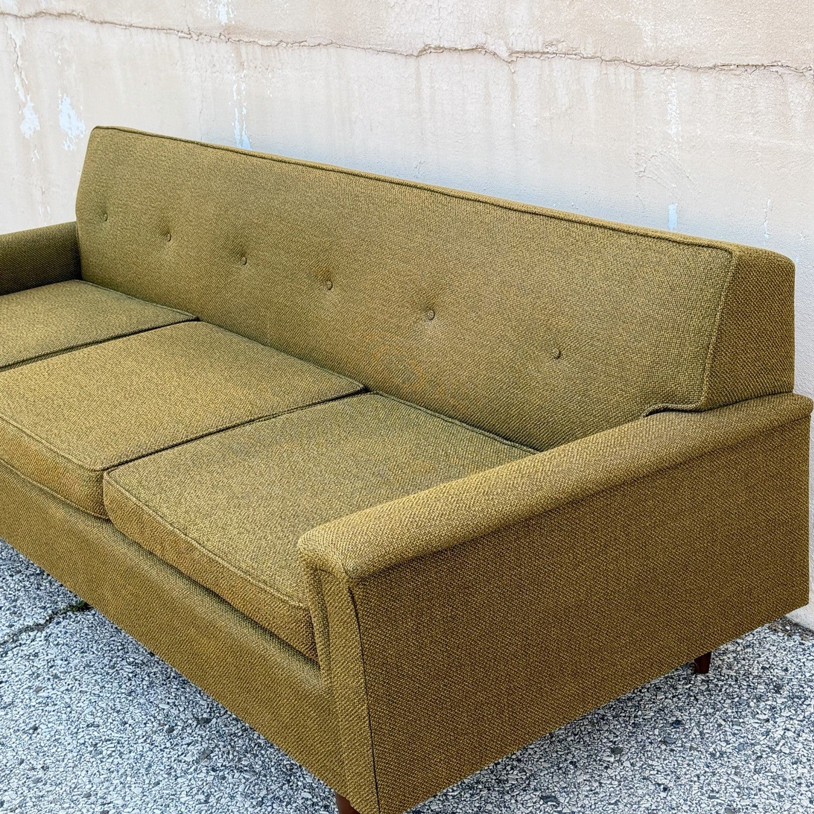Vintage Mid Century Modern Greenish Brown Tufted 82" Sofa Couch w/ Walnut Legs