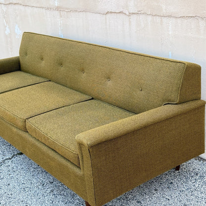 Vintage Mid Century Modern Greenish Brown Tufted 82" Sofa Couch w/ Walnut Legs