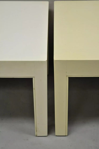 Vintage Modern Solid Wood Cream Lacquered Parsons Low Pedestal Side Table - Pair