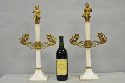 Antique French Neoclassical Bronze Swans Cherub Marble Column Candelabras - Pair