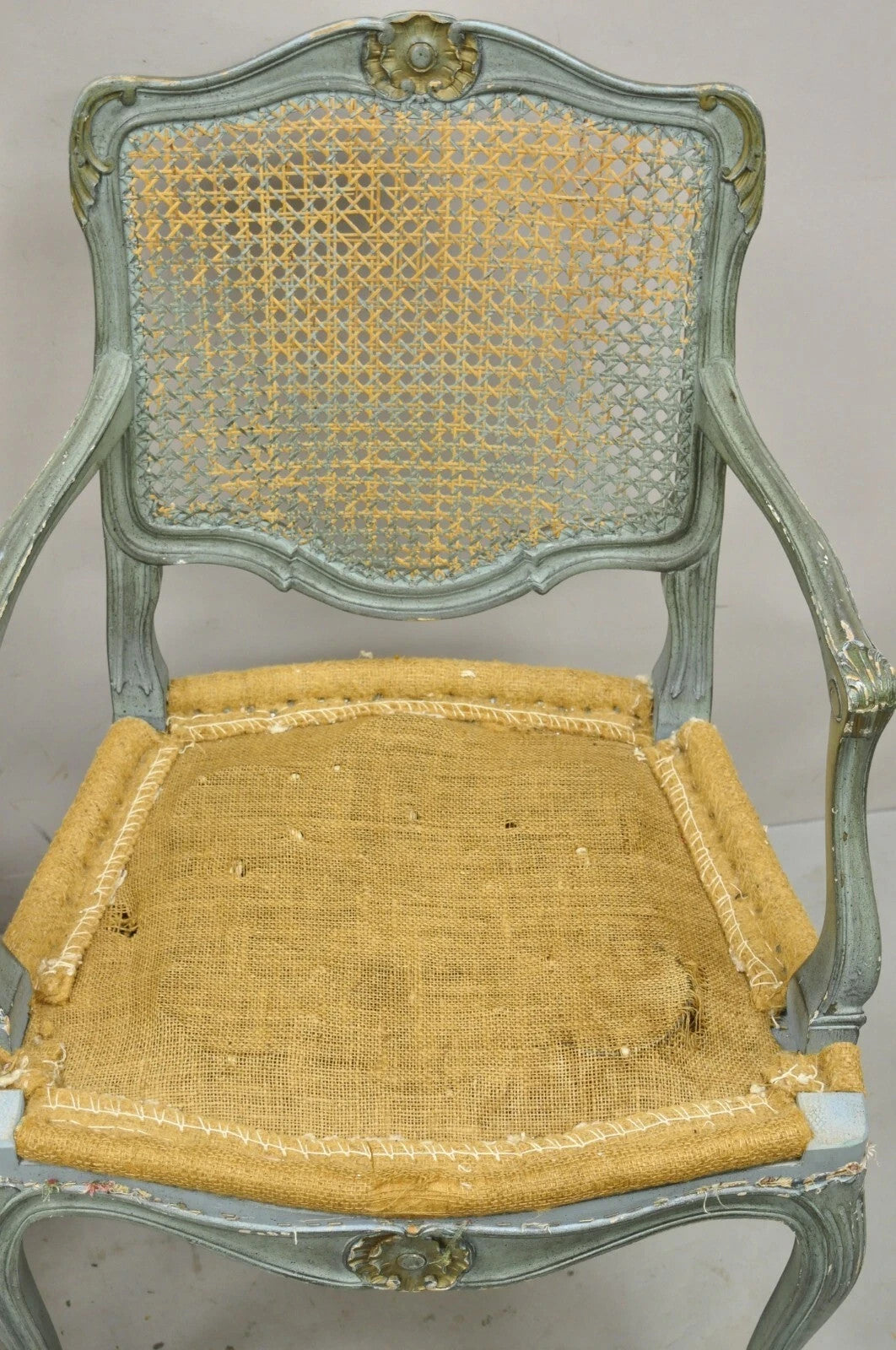 Antique French Louis XV Style Blue Painted Cane Back Fauteuil Arm Chairs - Pair