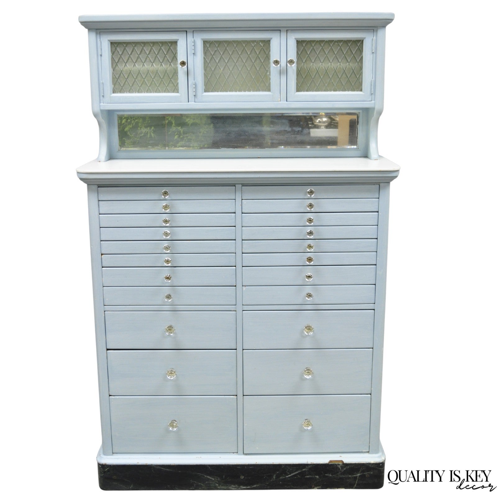 Antique Art Deco Medical Dental Cabinet Blue Painted w/Mirror and 22 Drawers