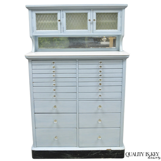 Antique Art Deco Medical Dental Cabinet Blue Painted w/Mirror and 22 Drawers