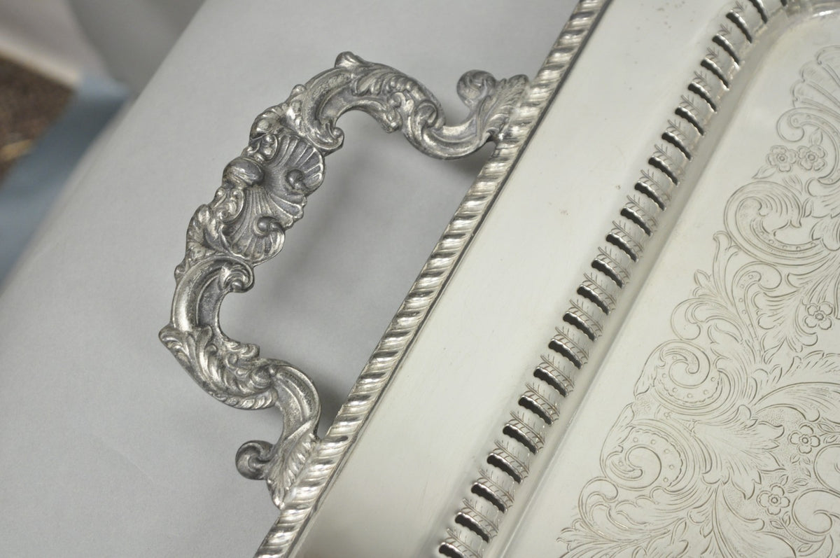 Vintage English Victorian Large Silver Plated Twin Handle Serving Platter Tray