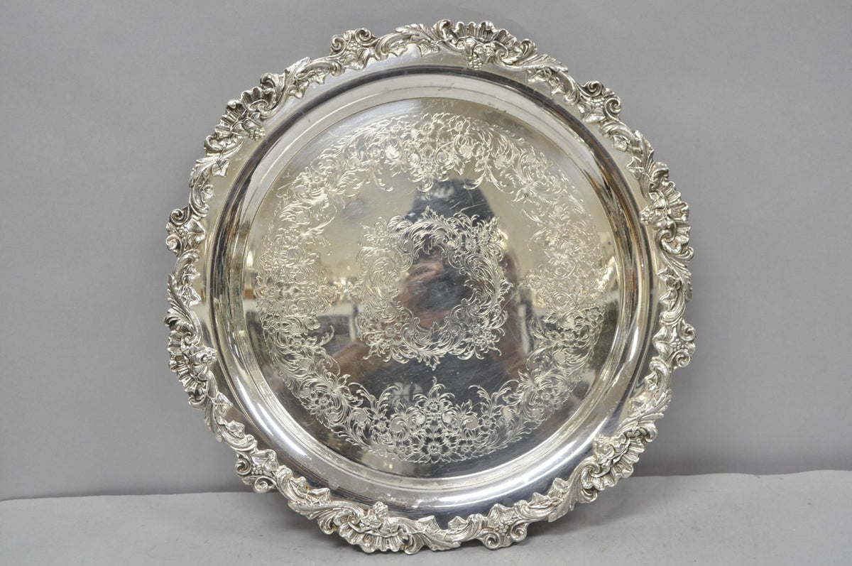 Vintage Wilcox Victorian Silver Plated Round Ornate Footed Salver Serving Tray