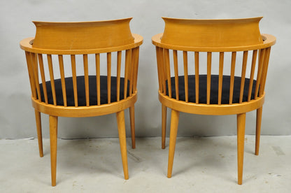 Vintage Postmodern Maple Wood Spindle Barrel Back Lounge Arm Chairs - a Pair