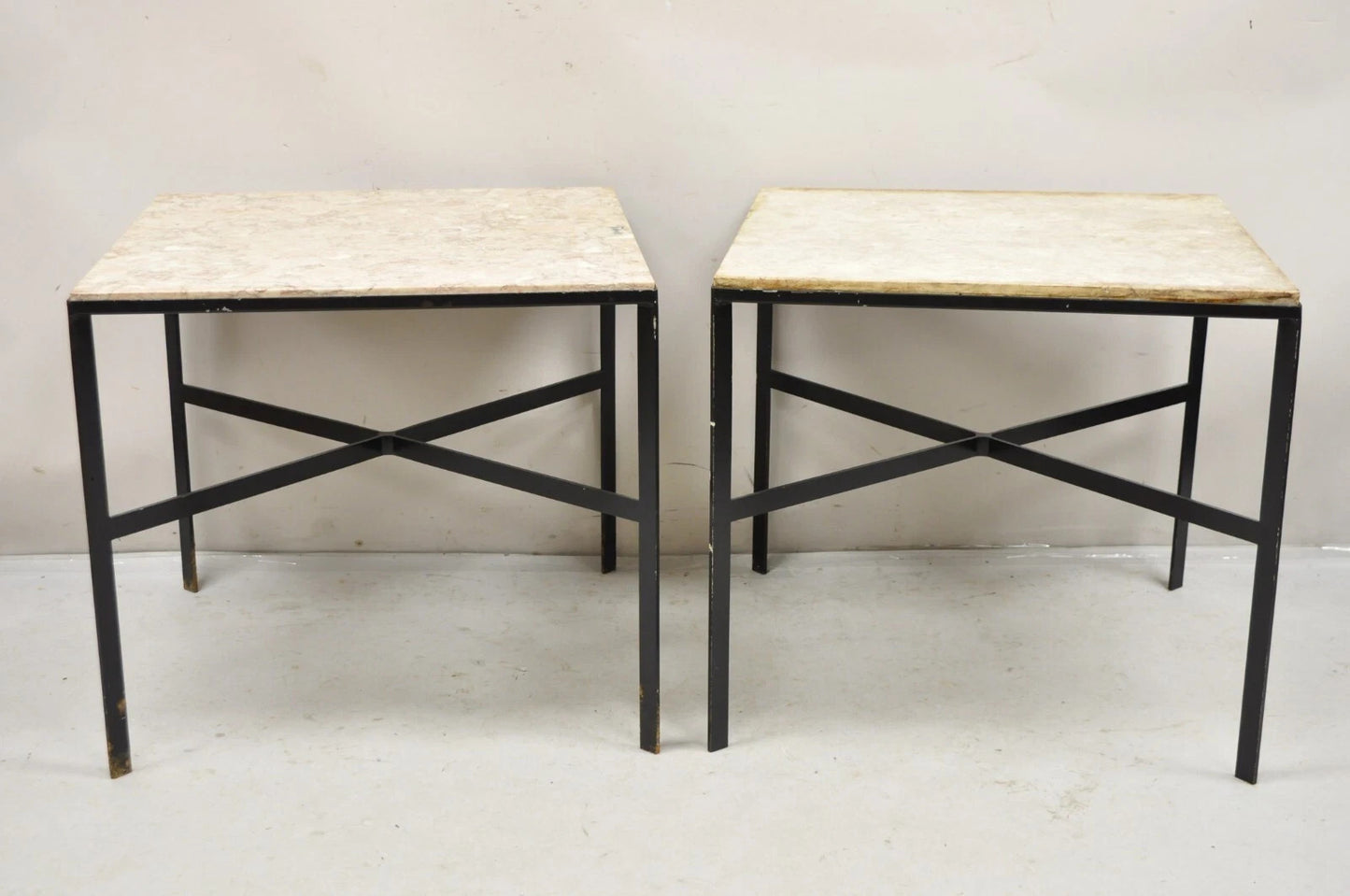 Mid Century Modern Paul McCobb Style Wrought Iron Marble Square Side Table Pair