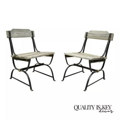 Antique French Industrial Wrought Iron Wooden Slat Seat Side Chairs - a Pair