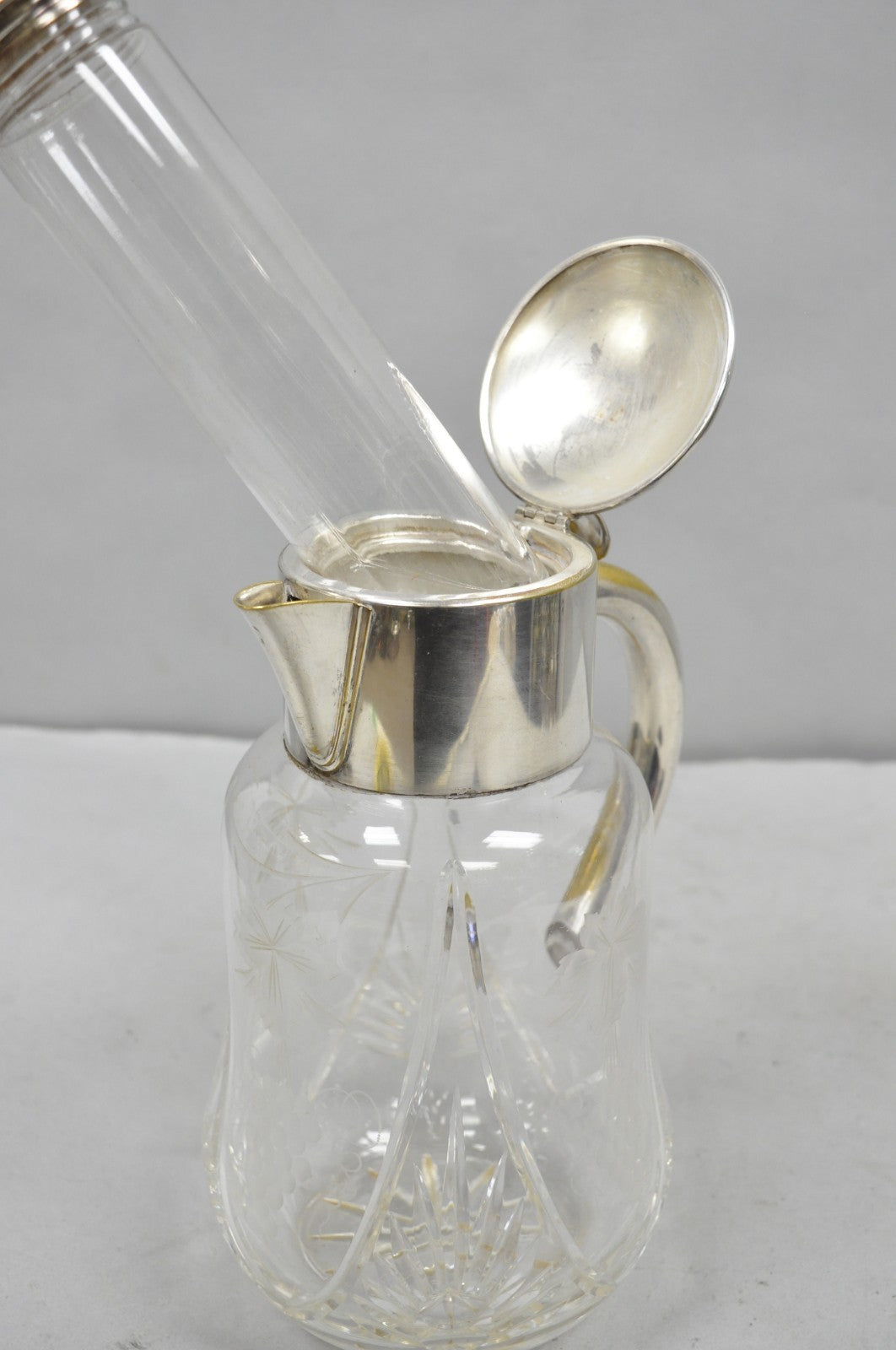 Antique Victorian German Silver Plated Cut Crystal Glass Lemonade Water Pitcher