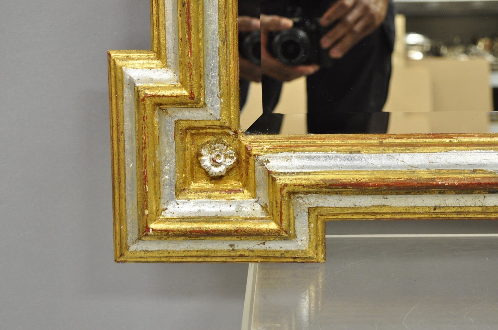 Vintage Italian Regency Silver & Gold Gilt Wood Frame Beveled Glass Wall Mirror