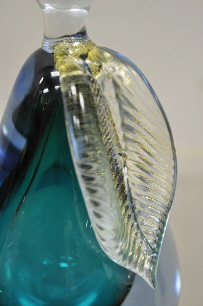 Italian Murano Blue 7" Blown Art Glass Pear Fruit Gold Flecks Leaf Paperweight
