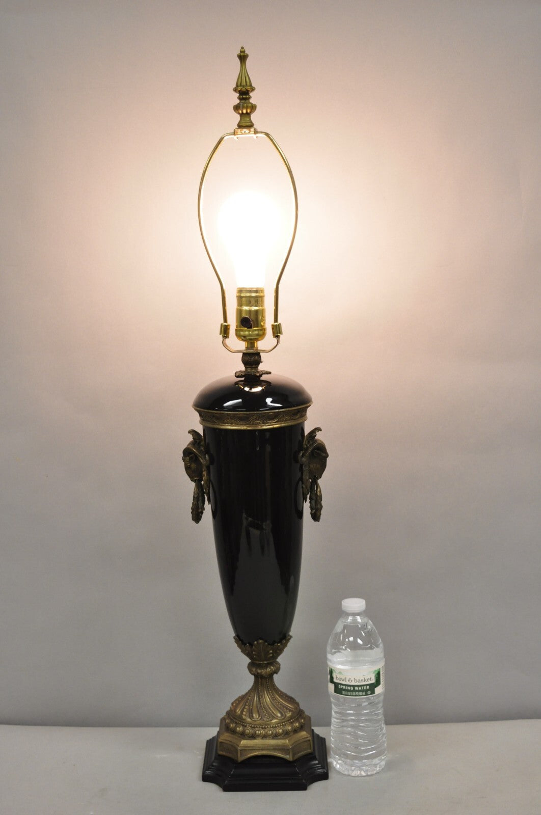Vintage French Neoclassical Black Porcelain Urn Form Table Lamp w/Bronze Rams