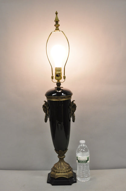 Vintage French Neoclassical Black Porcelain Urn Form Table Lamp w/Bronze Rams