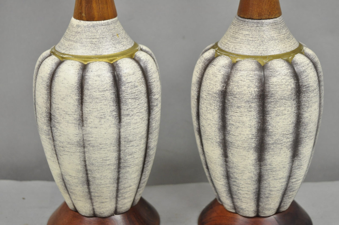 Vintage Mid Century Modern Walnut & Ceramic Small Sculptural Table Lamps - Pair