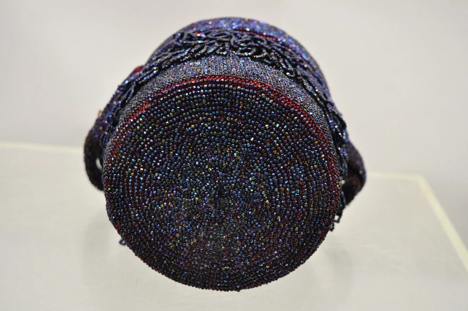 Vintage French Art Deco Blue Red Beaded Handbag Round Box Purse with Mirror