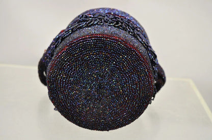 Vintage French Art Deco Blue Red Beaded Handbag Round Box Purse with Mirror
